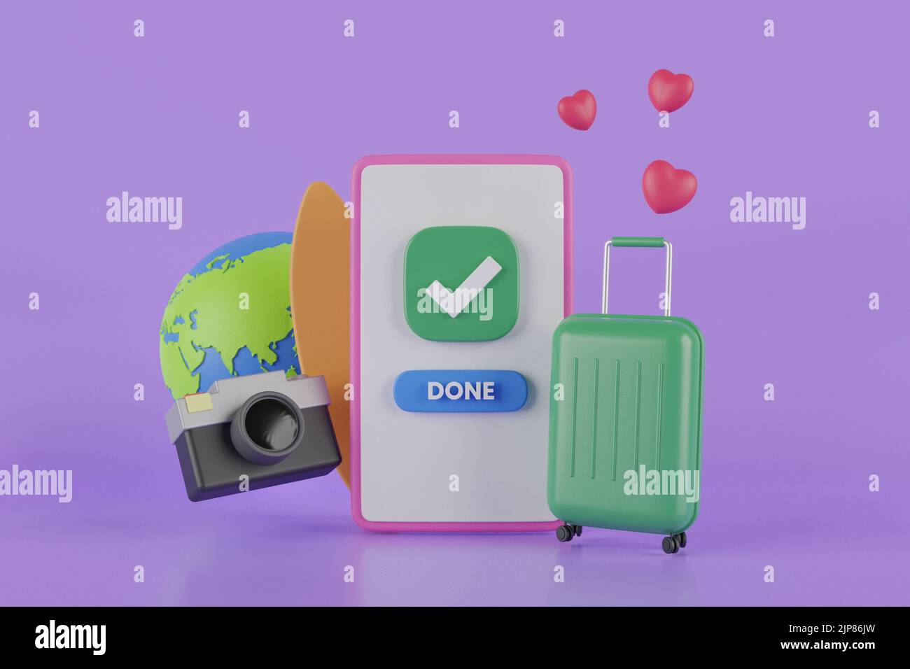 Bannière de soldes d'été avec 3D éléments de plage sur fond violet. Smartphone avec panneau de signalisation. Téléphone mobile ou smartphone avec globe, appareil photo, valise, Banque D'Images