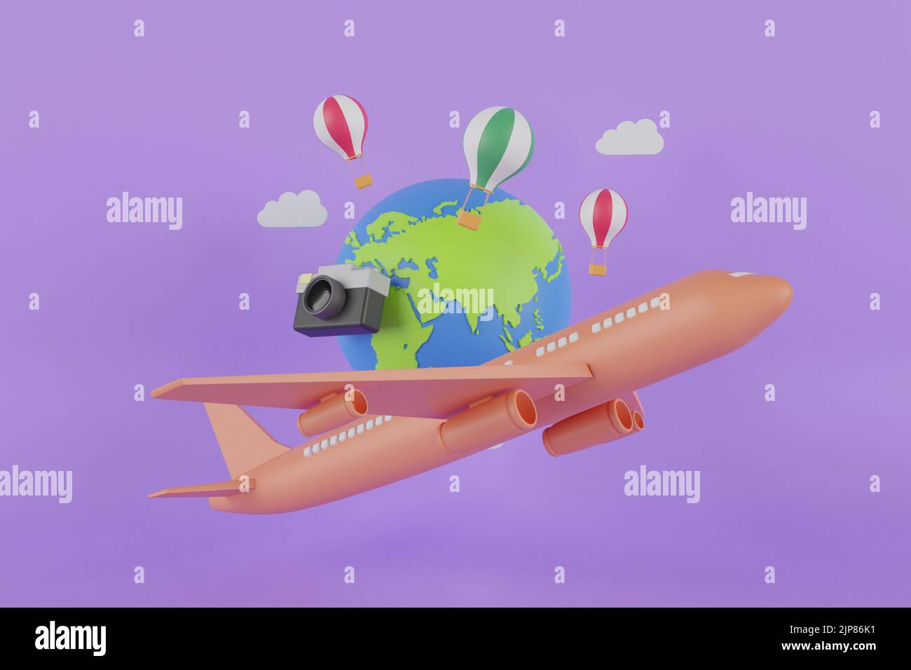 Avion survolant l'icône du globe. 3D globe de rendu. Illustration du concept de voyage 3D. Concept créatif de voyager en avion. Banque D'Images