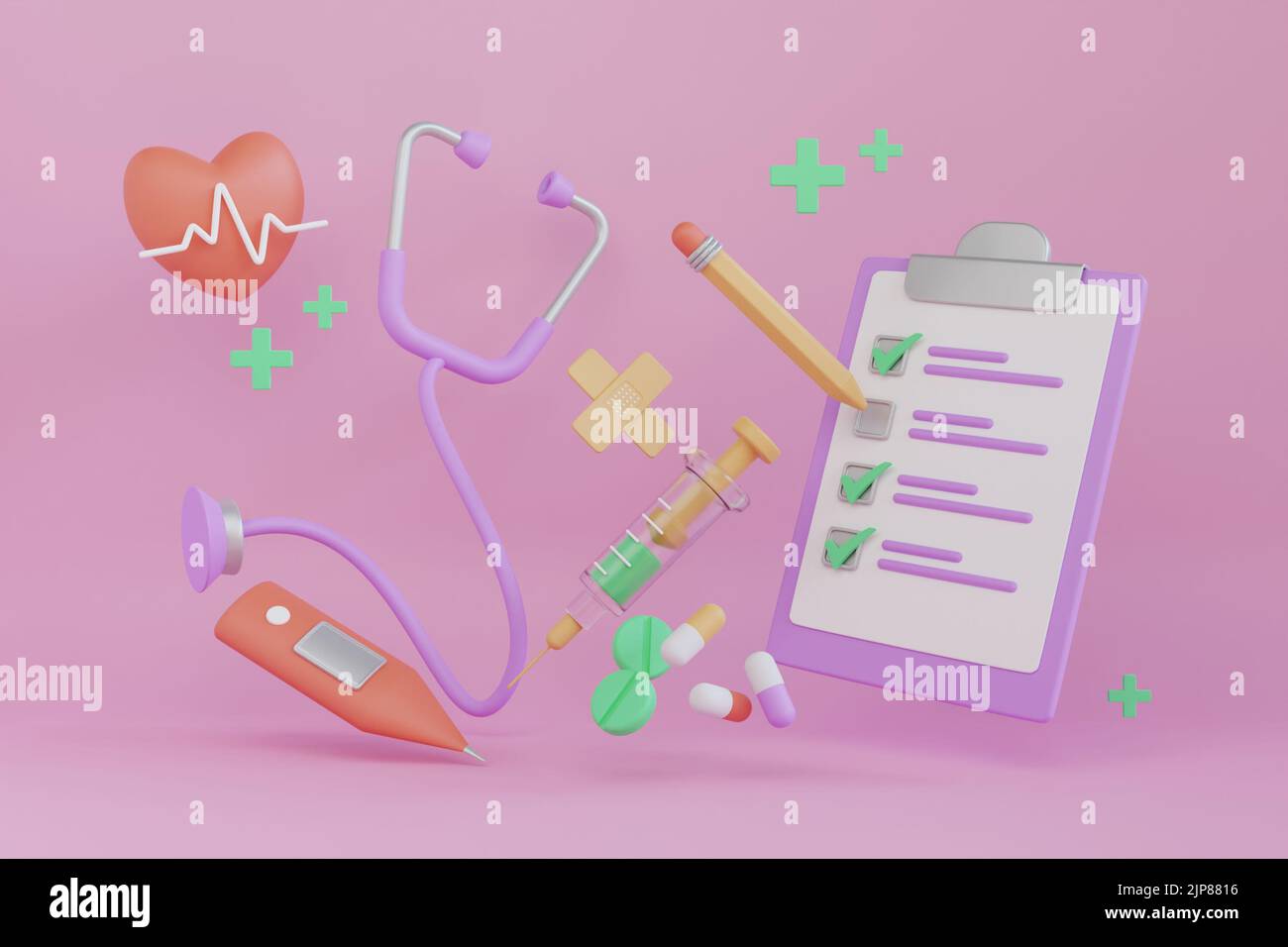 3D concept d'assurance maladie entouré d'une seringue, d'un thermomètre, d'un bracelet, d'un stéthoscope et de pilules. Liste de contrôle médicale. 3d rendu Banque D'Images