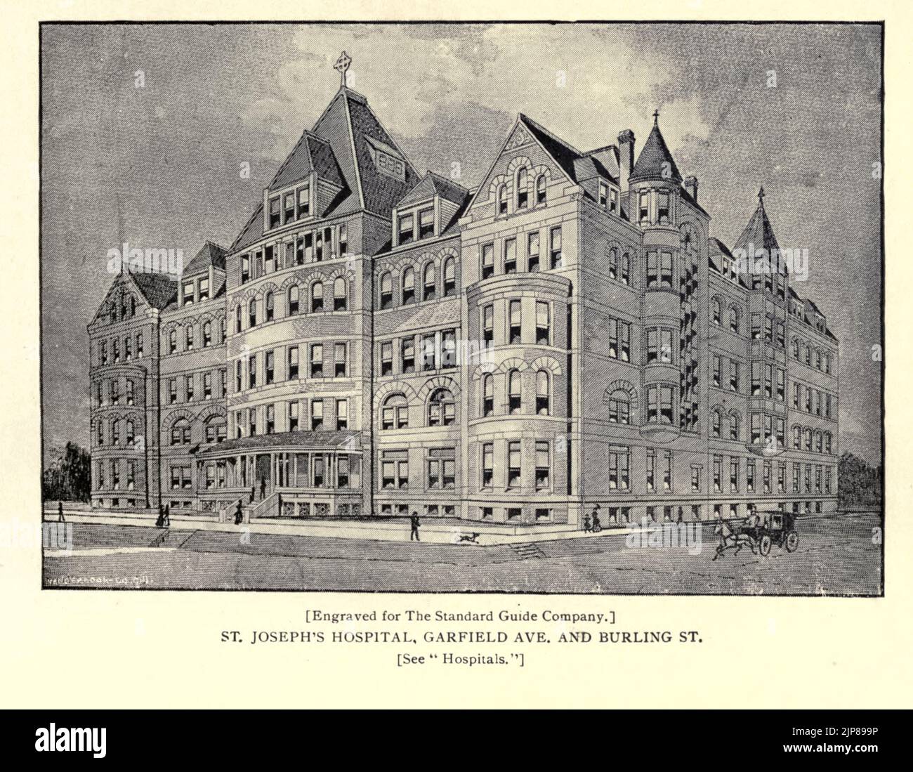 St. Joseph's Hospital Garfield Ave. Et Burling St. d'après le livre Chicago, la merveilleuse ville de l'Ouest : une histoire, une encyclopédie et un guide : 1893 : illustré par John Joseph Flinn, éditeur Chicago : Flinn & Sheppard Banque D'Images