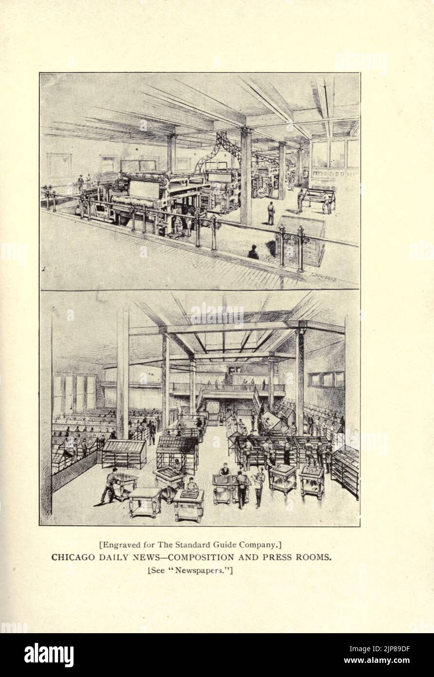 The Chicago Daily News, composition and Press Rooms tiré du livre Chicago, la merveilleuse ville de l'Ouest : une histoire, une encyclopédie et un guide : 1893 : illustré par John Joseph Flinn, éditeur Chicago : Flinn & Sheppard Banque D'Images