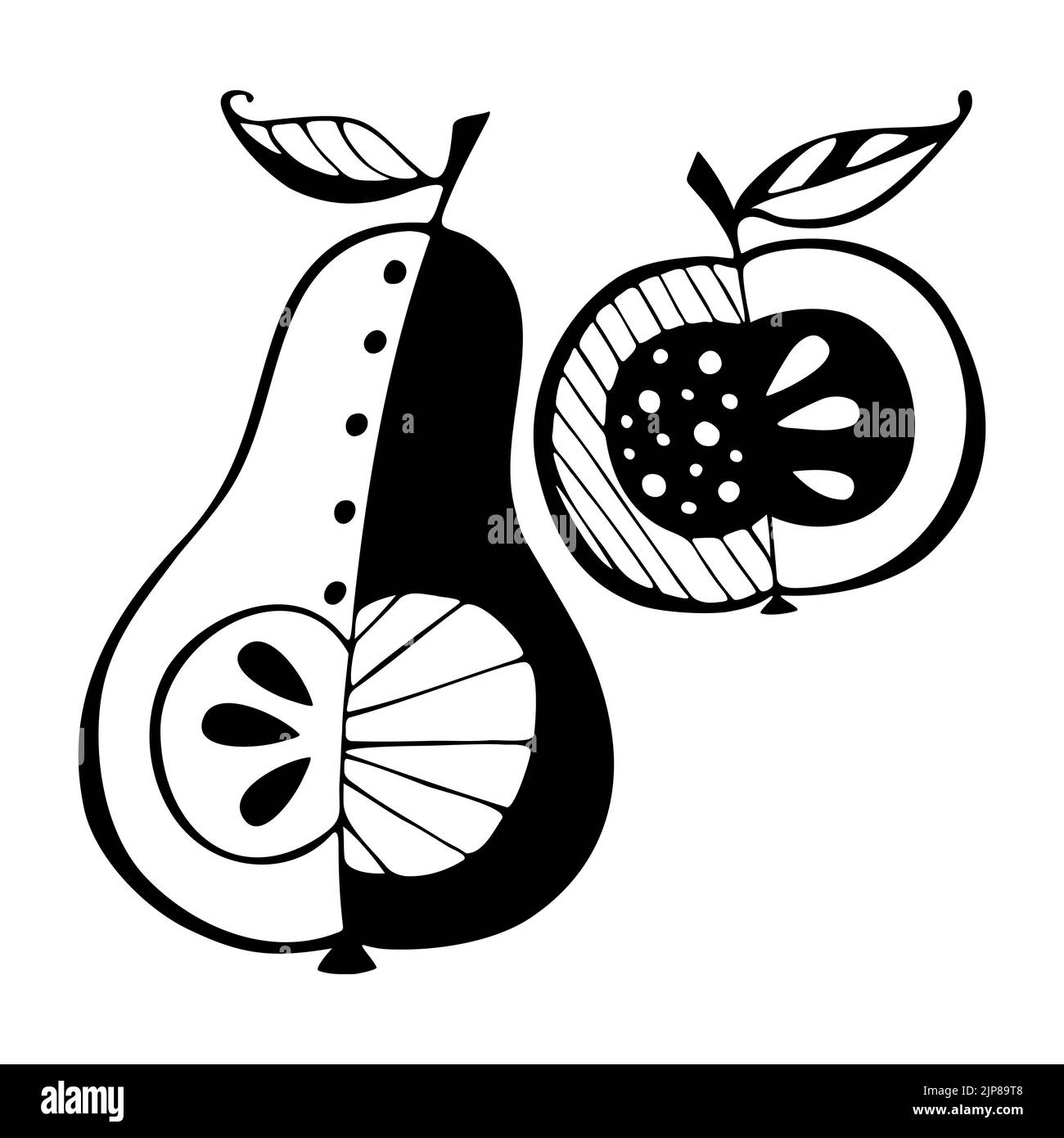 Set Apple Pear Doodle dessiné à la main noir contour logo icône silhouette un gros plan, isolé, fond blanc. Illustration vectorielle Illustration de Vecteur