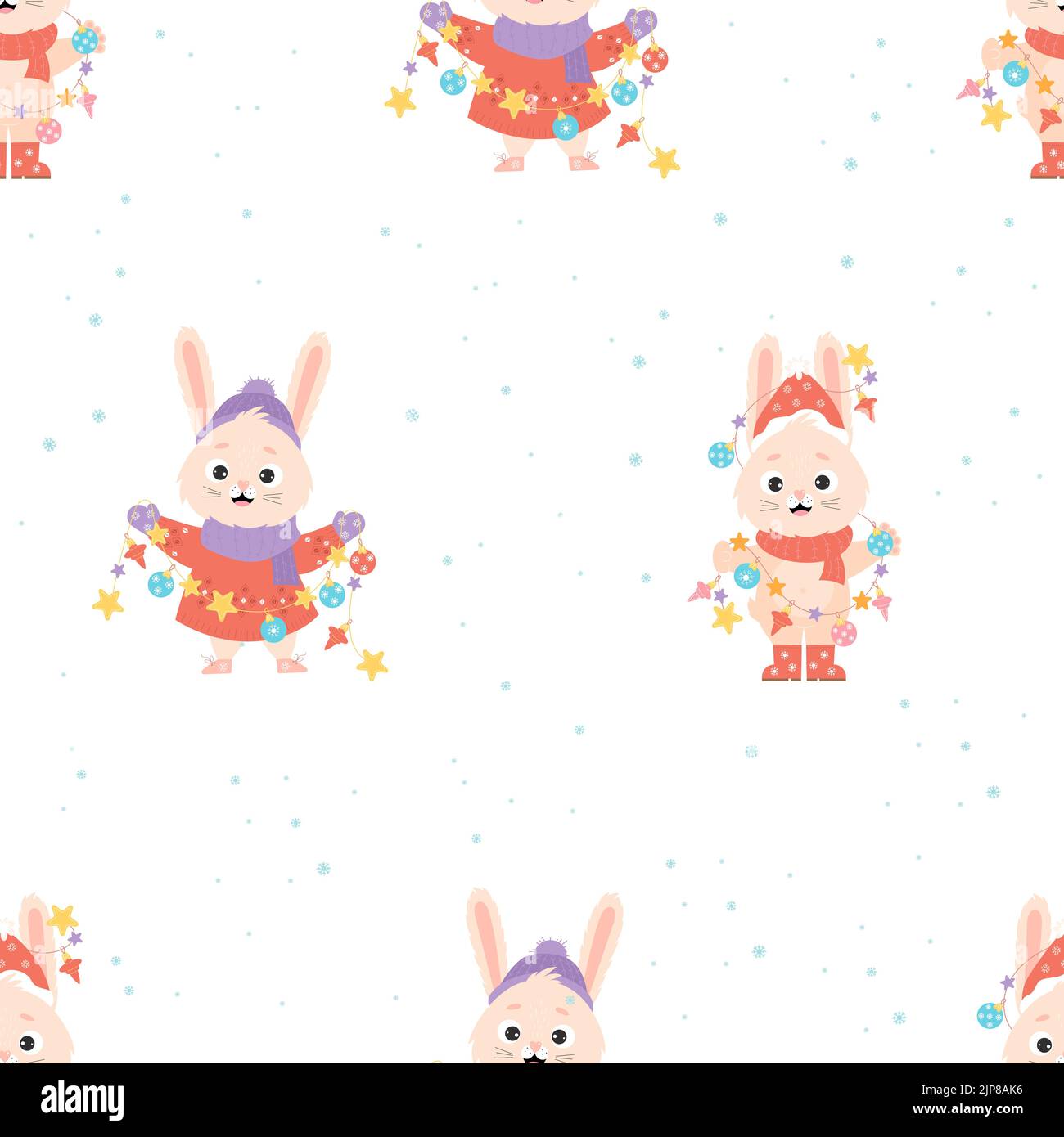 Motif sans couture avec symbole de 2023 ans. Lapins adorables avec guirlande de Noël et jouets sur fond blanc avec flocons de neige. Illustration vectorielle. 2023 Illustration de Vecteur