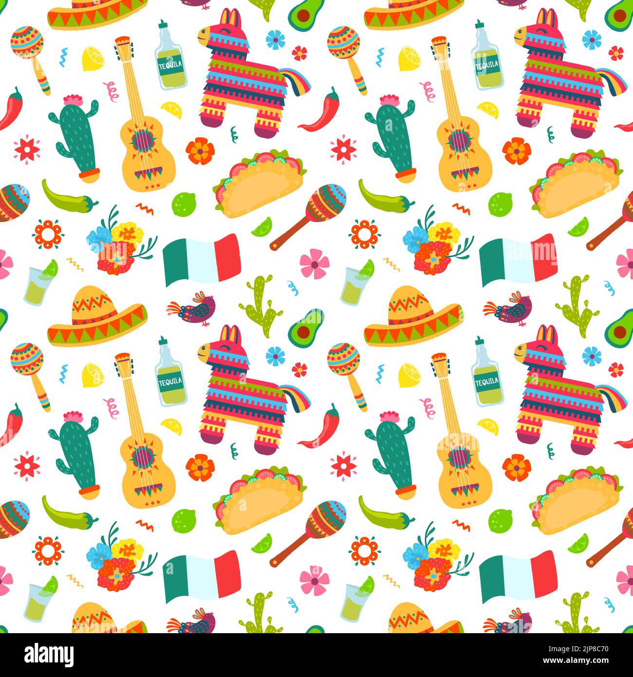 Motif mexicain sans coutures. Sombrero, guitare et cactus, tequila et Chili symboles de la culture traditionnelle américaine texture vectorielle. Fêtes de fin d'année avec symboles mexicains traditionnels Illustration de Vecteur