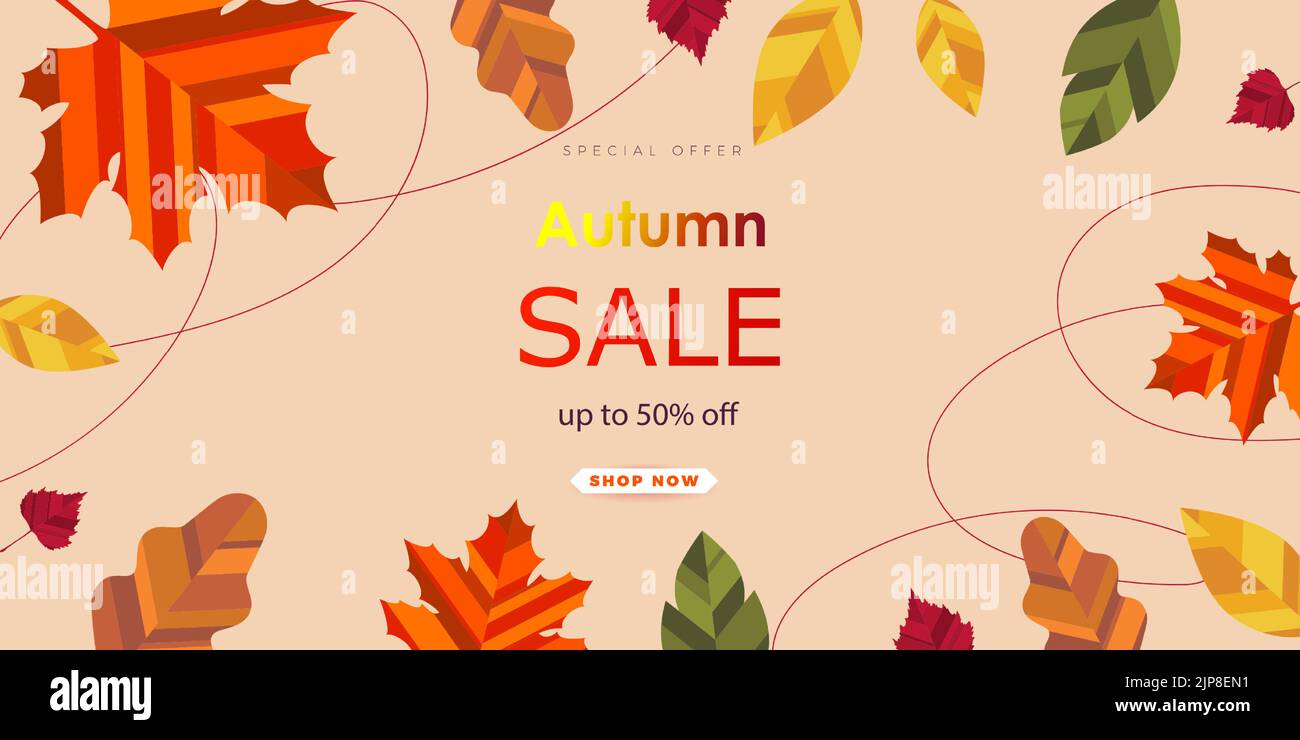 Affiche numérique de vente d'automne, bannière publicitaire avec des feuilles rouges et orange tombant en bas. Formes géométriques. Vecteur Illustration de Vecteur