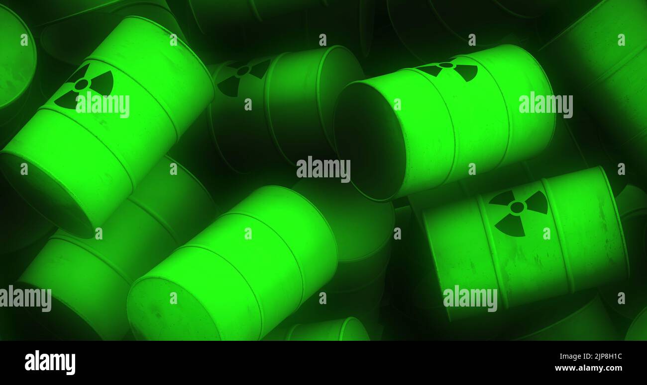 Illustration de plusieurs barils verts avec symboles nucléaires noirs Banque D'Images