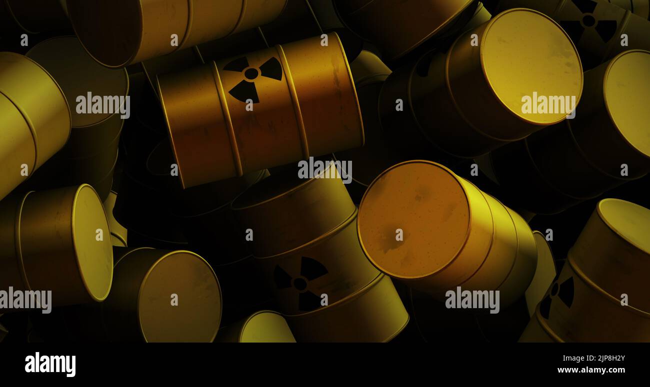 Illustration de plusieurs barils jaunes avec symboles nucléaires noirs Banque D'Images
