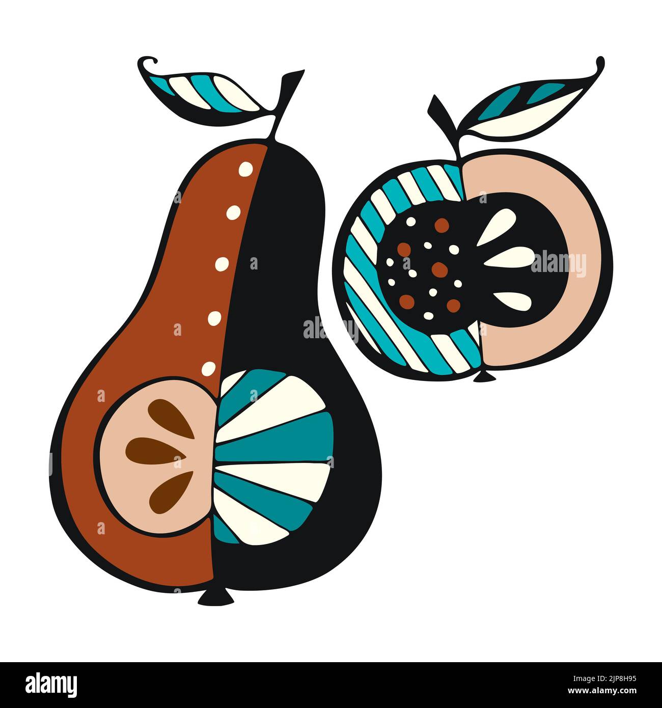 Set Apple Pear Doodle couleur main dessiné logo icône silhouette, isolé, fond blanc. Illustration vectorielle Illustration de Vecteur