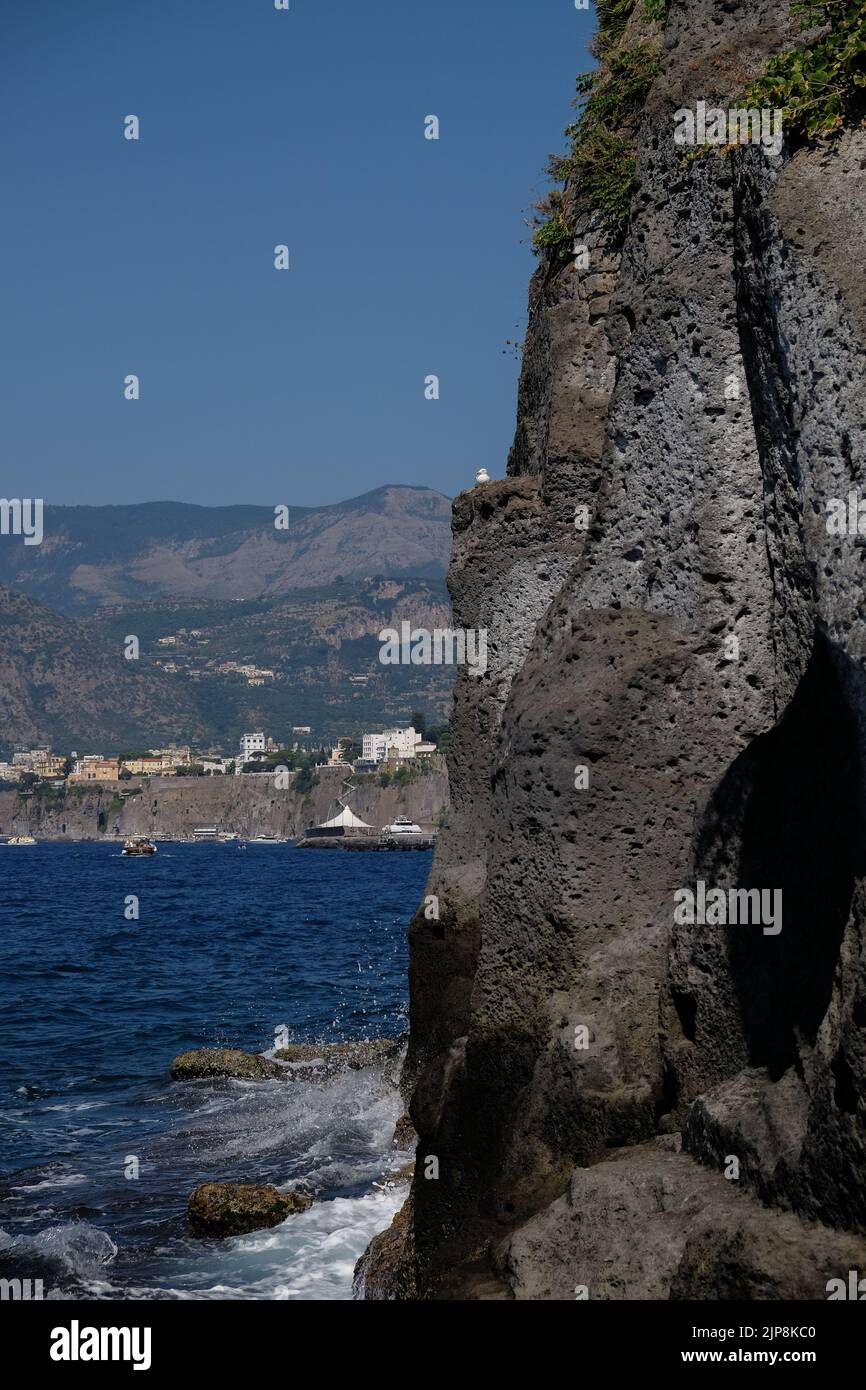 Vue rapprochée du bord de roche de la falaise péninsulaire de Sorrente qui rencontre la mer avec un mouette nichant avec le port et le golfe de Naples en arrière-plan Banque D'Images