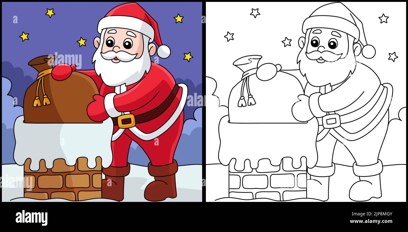 Noël Santa sur la page de coloriage de cheminée Illustration de Vecteur