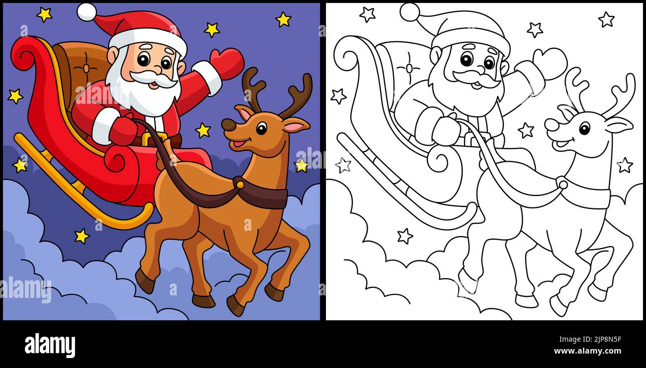 Page de coloriage du Père Noël et du renne Image Vectorielle Stock - Alamy