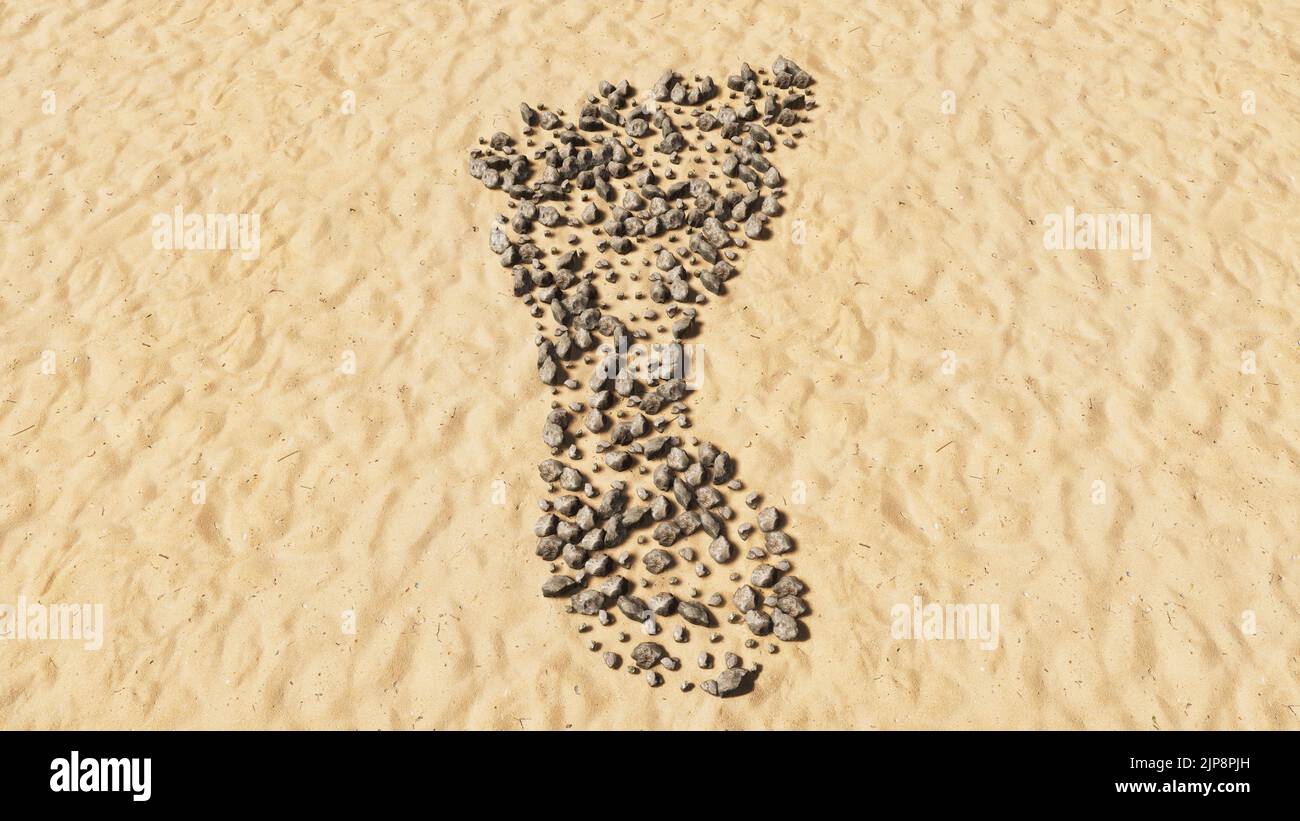 Concept pierres conceptuelles sur plage sable forme de symbole fait main, fond de sable doré, signe pieds nus. métaphore de l'illustration 3d pour la nature, la santé Banque D'Images