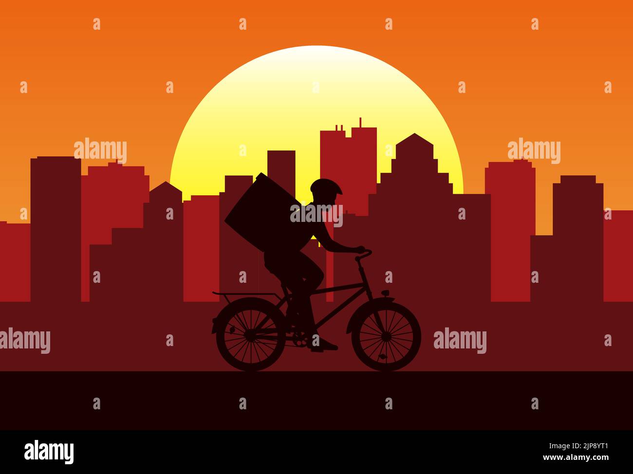 Silhouette de coursier sur vélo avec sac à dos sur le fond de la ville. Livreur conduisant un vélo au coucher du soleil. Concept de service de livraison en ligne. Illustration de Vecteur