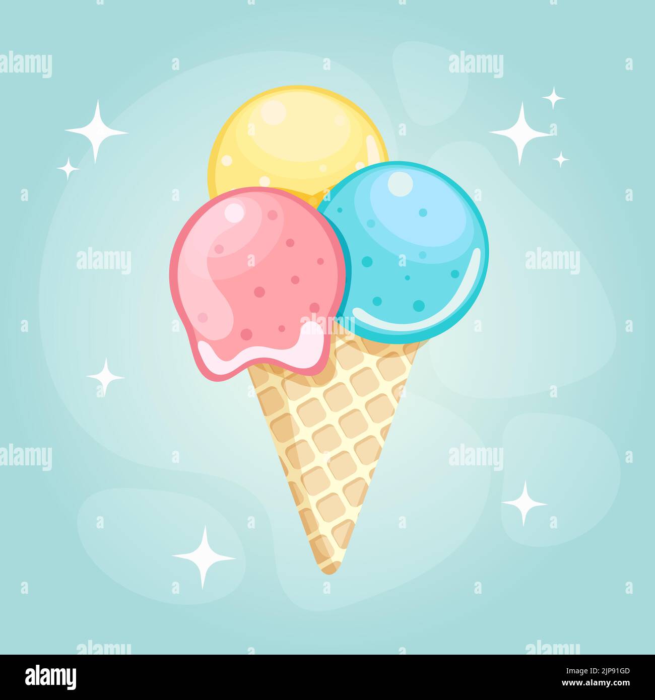 Glace aux fruits délicieuse en gaufre sur fond clair et dégradé. Boules de crème glacée citron, fraise et menthe. Illustration vectorielle mignonne. Été Illustration de Vecteur