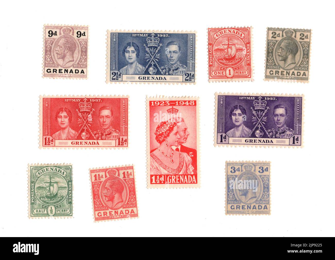 Une sélection de vieux timbres-poste à la menthe de la Grenade sur fond blanc. Banque D'Images