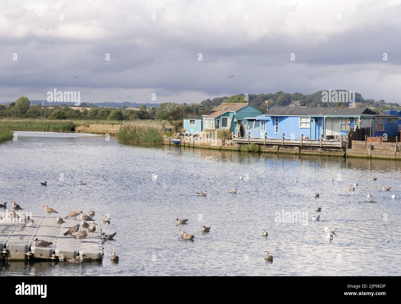 Dorset Landscape; bâtiments en bois et oiseaux sur les rives de la rivière Brit à West Bay, Dorset, sud-ouest de l'Angleterre Banque D'Images