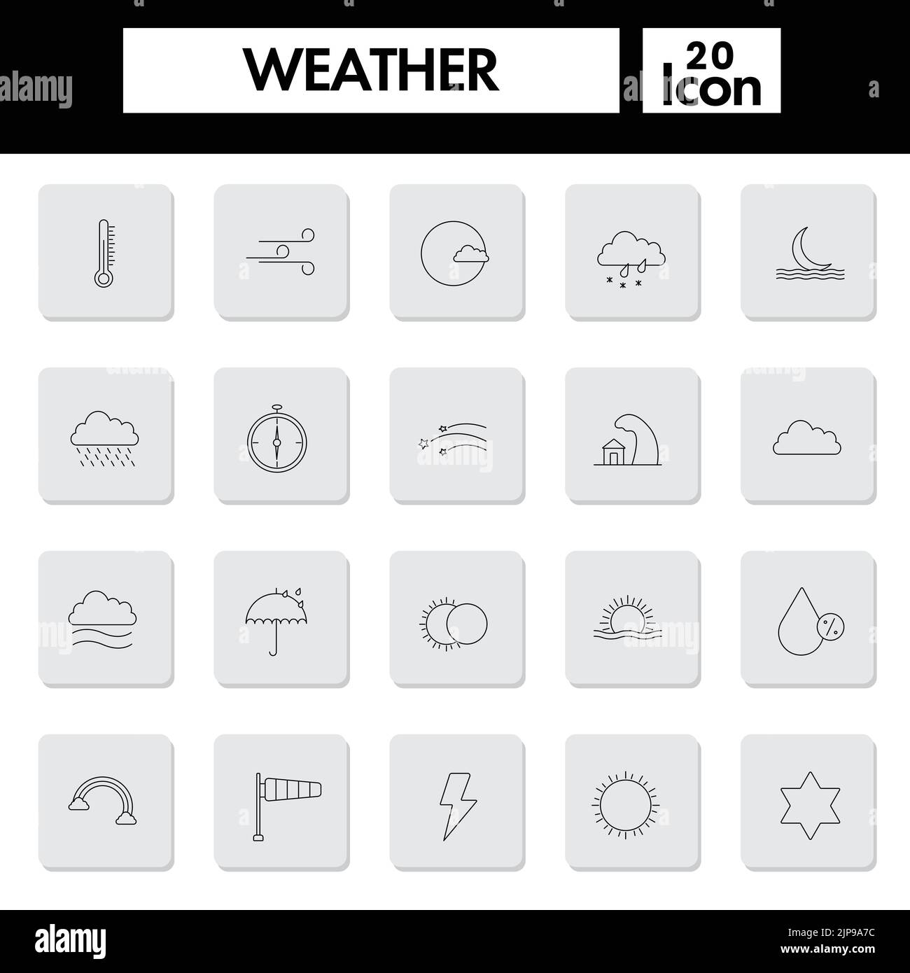 Ensemble de symboles ou d'icônes météo Black Outline sur fond carré gris. Illustration de Vecteur