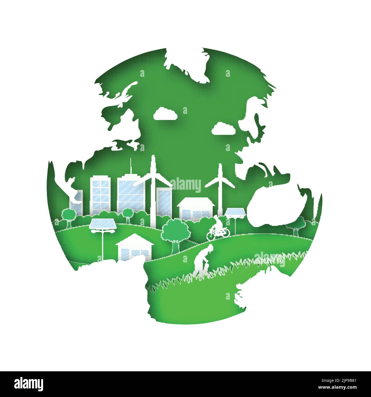 Forme de la terre coupée en papier avec moulins à vent, panneau solaire, bâtiments, nuages et arbres. Save nature ou Green Energy concept. Illustration de Vecteur