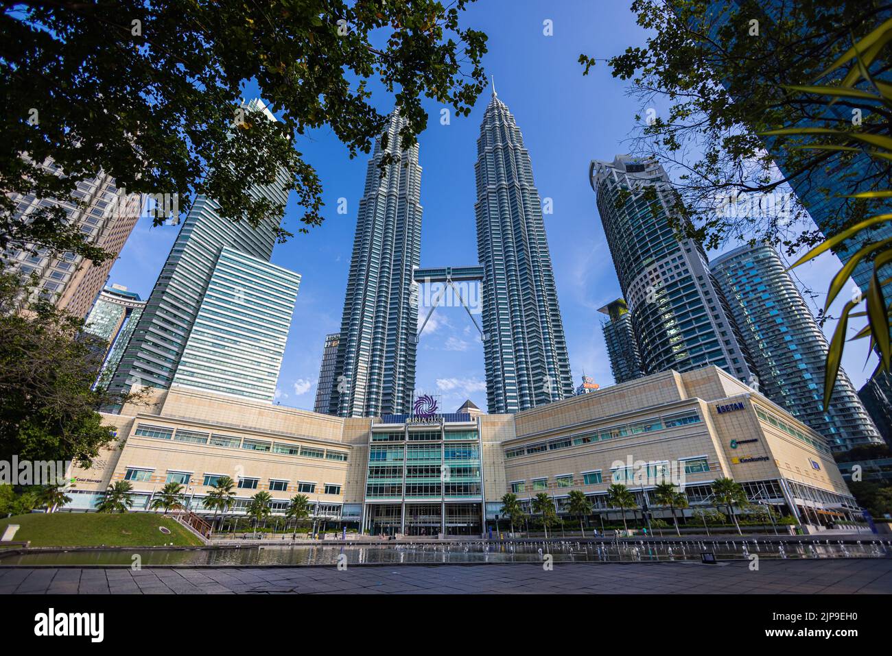 Kuala Lumpur, Malaisie - 13 août 2022 : vue sur les tours jumelles à travers les palmiers du parc KLCC. Oasis urbaine avec spectacle de fontaine. Petronas Banque D'Images