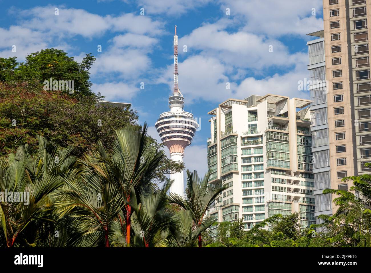 Kuala Lumpur, Malaisie - 13 août 2022 : vue sur la tour Menara ou la tour KL à travers les palmiers du parc KLCC. Photo HDR à exposition longue d'une seule photo Banque D'Images