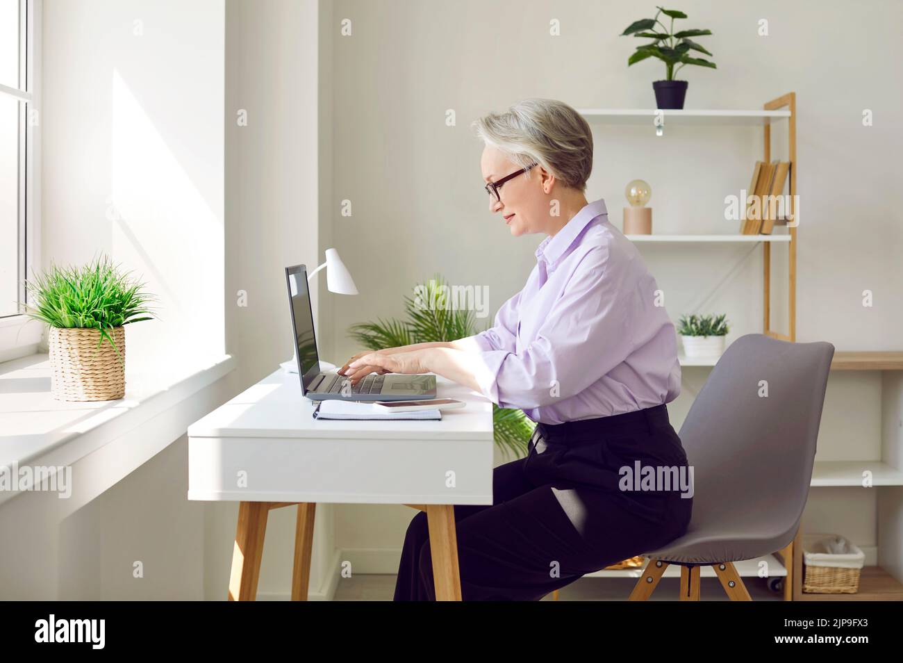 Femme d'affaires mûre travaillant sur son ordinateur portable à son bureau dans un intérieur de bureau moderne Banque D'Images