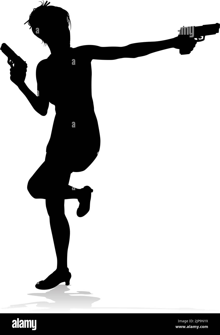 Silhouette Woman Femme film action Hero avec pistolet Illustration de Vecteur