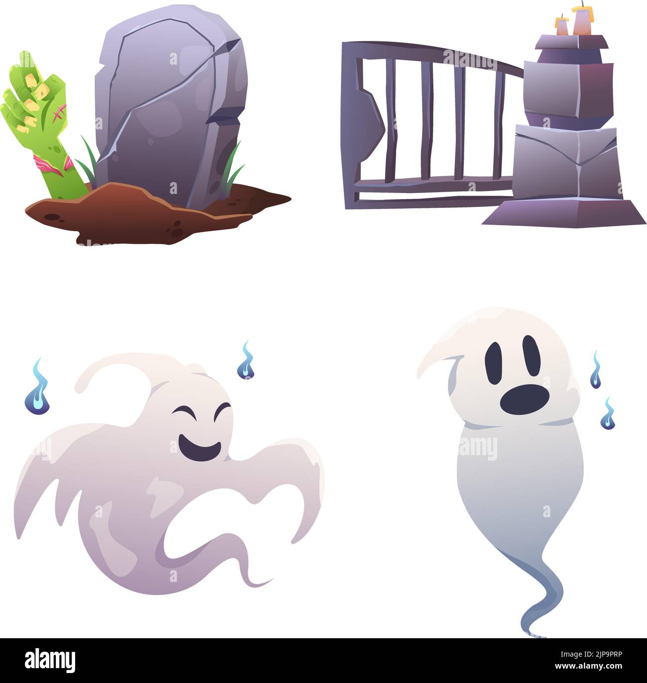 Différents personnages d'Halloween isolés sur fond blanc - fantômes et cimetière Illustration de Vecteur