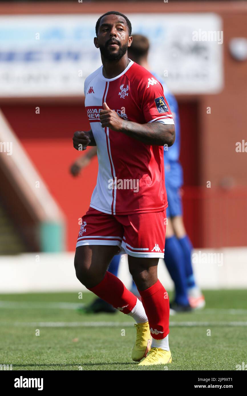 Kidderminster Harrierss' Ashley Hemmings pendant le match de la Ligue nationale de Vanarama au stade Aggborough, Kidderminster. Date de la photo: Samedi 13 août 2022. Banque D'Images