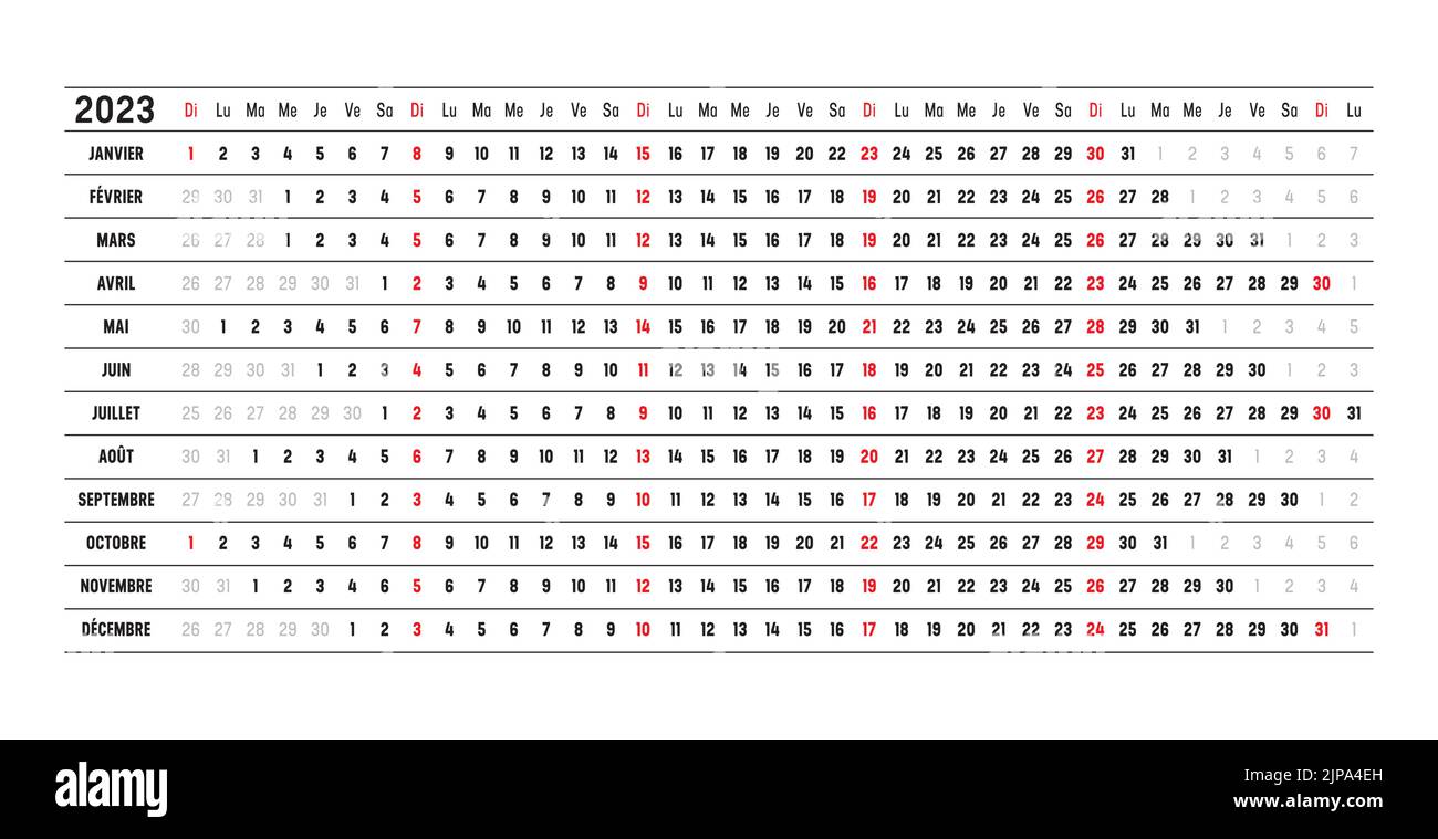 Calendrier mural de l'année 2023 avec dates alignées, en français. Modèle vectoriel d'une page, conception linéaire et horizontale. Illustration de Vecteur