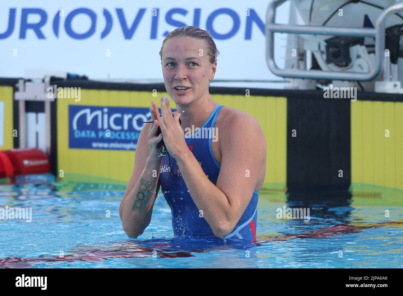 Rome, Italie. 16th août 2022. Rome, Italie 16.08.2022: Sjoestroem Sarah de Suède remporte la finale des femmes 50m freestyle dans le Championnat de natation de LEN European Aquatics à Rome 2022 à Foro Italico. Crédit : Agence photo indépendante/Alamy Live News Banque D'Images