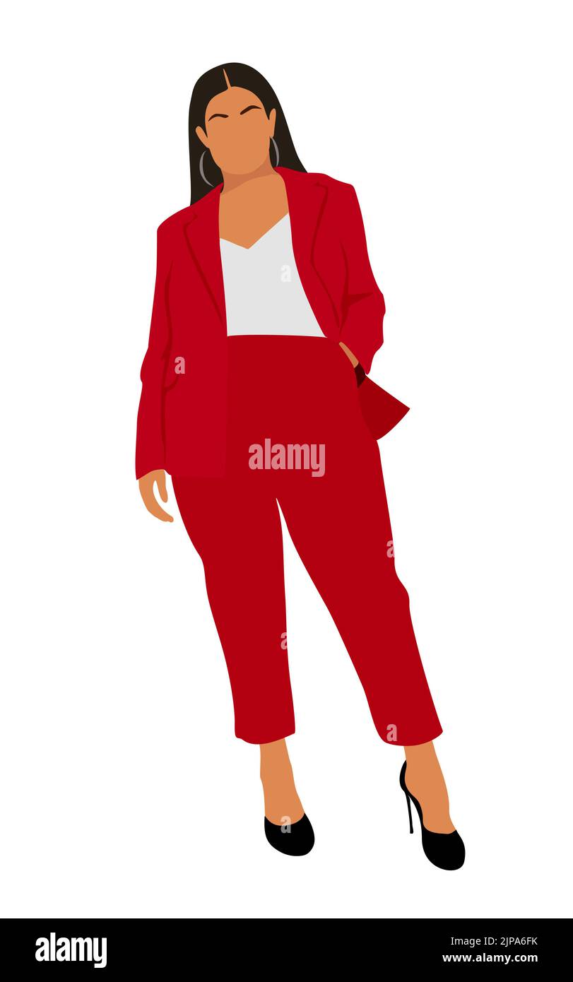 Belle femme d'affaires curvy portant un costume rouge et des chaussures hautes. Jeune fille aux cheveux longs et foncés. Modèle de taille plus attrayant. Illustration vectorielle. Illustration de Vecteur