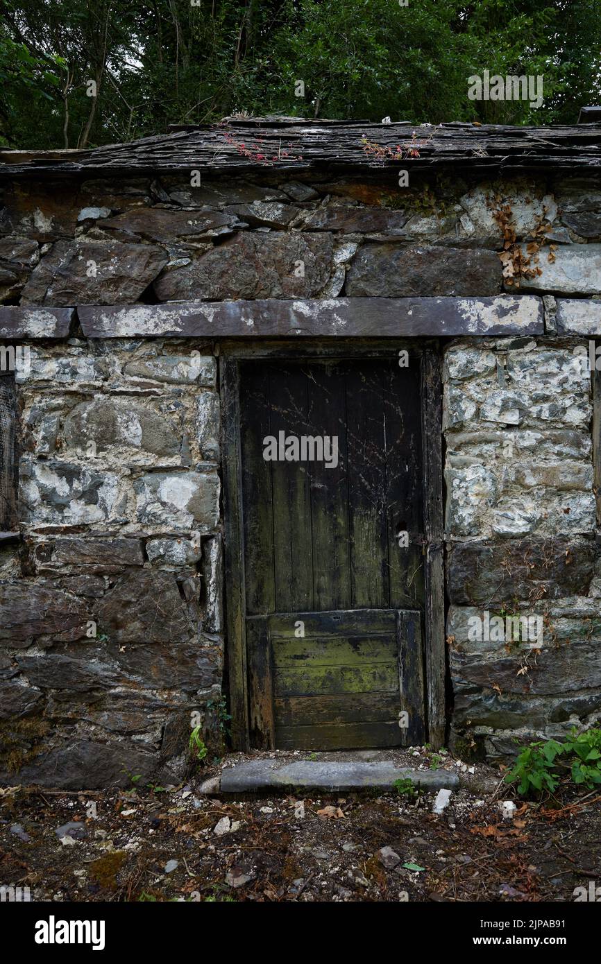 Un cottage gallois en pierre et en ardoise abandonné dans le village d'Abergwyngregyn, au nord du pays de Galles. Sur la limite nord de la chaîne de montagne de Carneddau. Banque D'Images