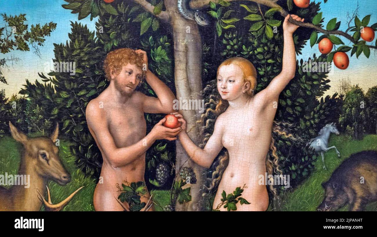 SECTION ADAM ET EVE de la peinture de 1526 par Lucas Cranach l'aîné Banque D'Images