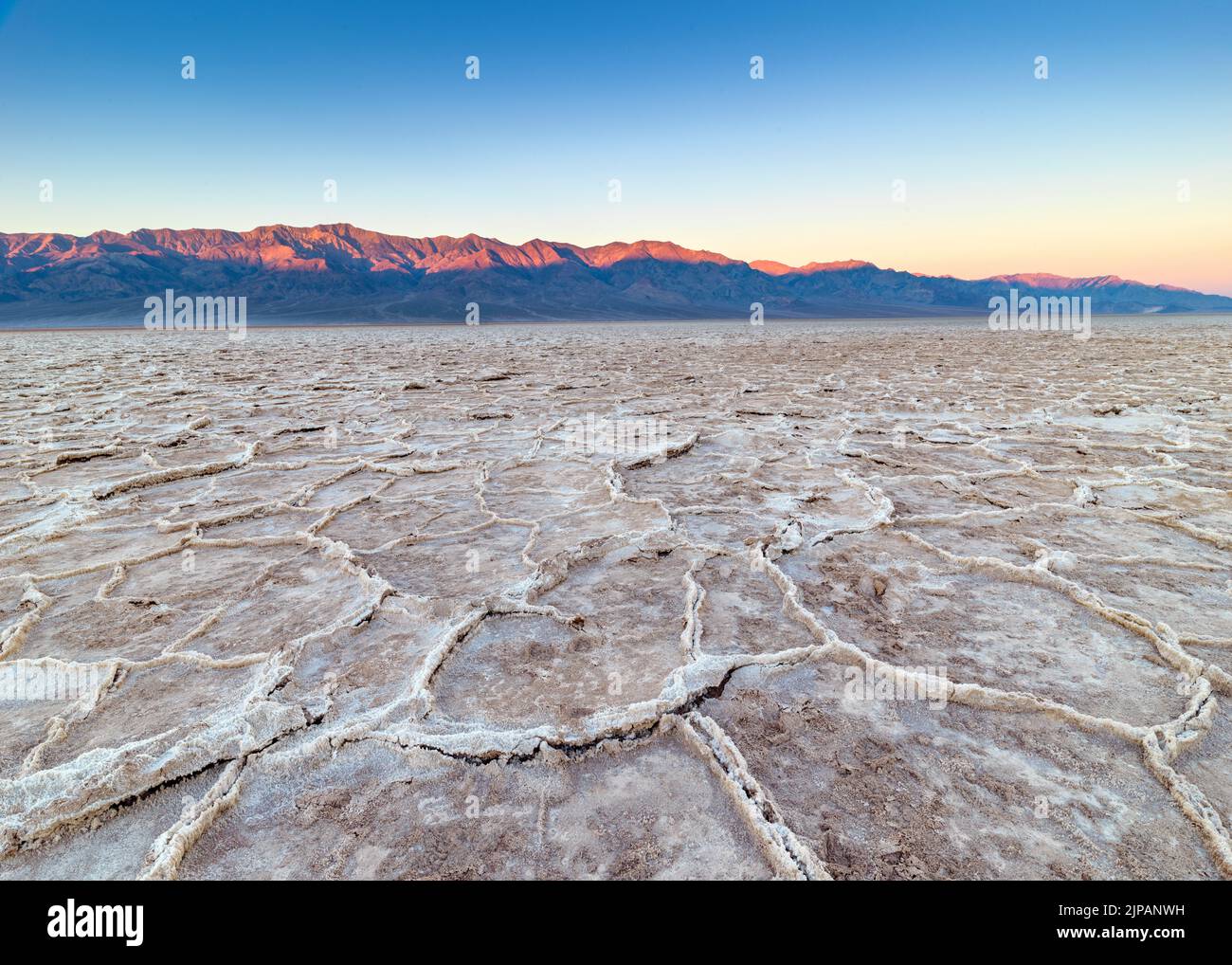 Crépuscule avant Sunrise Bad Water Basin, Salt Flats, Salt Crusts Parc national de la Vallée de la mort, Californie, Amérique du Nord, Etats-Unis Banque D'Images