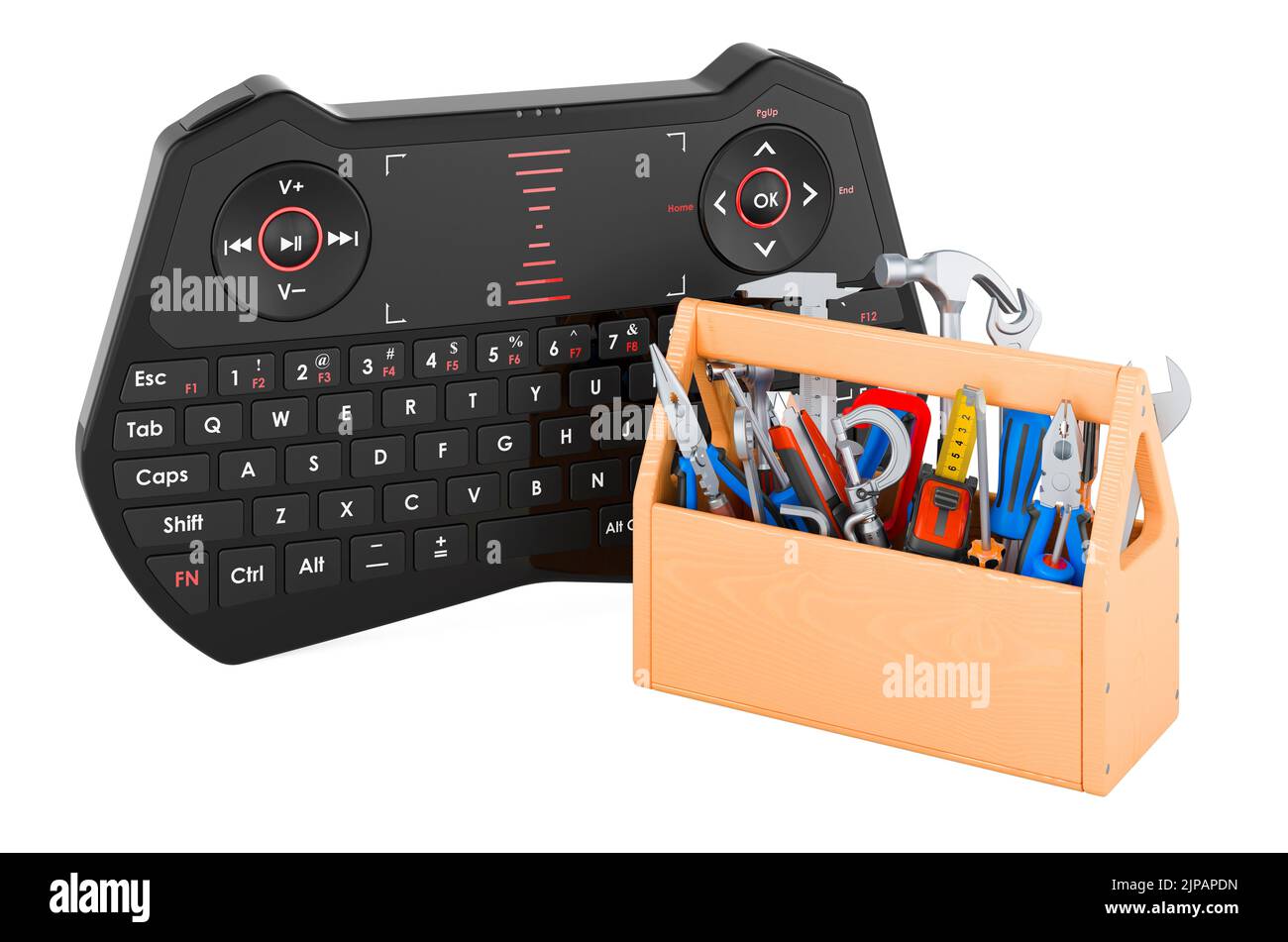 Clavier avec boîte à outils. Service et réparation du mini-clavier d'ordinateur, 3D rendu isolé sur fond blanc Banque D'Images
