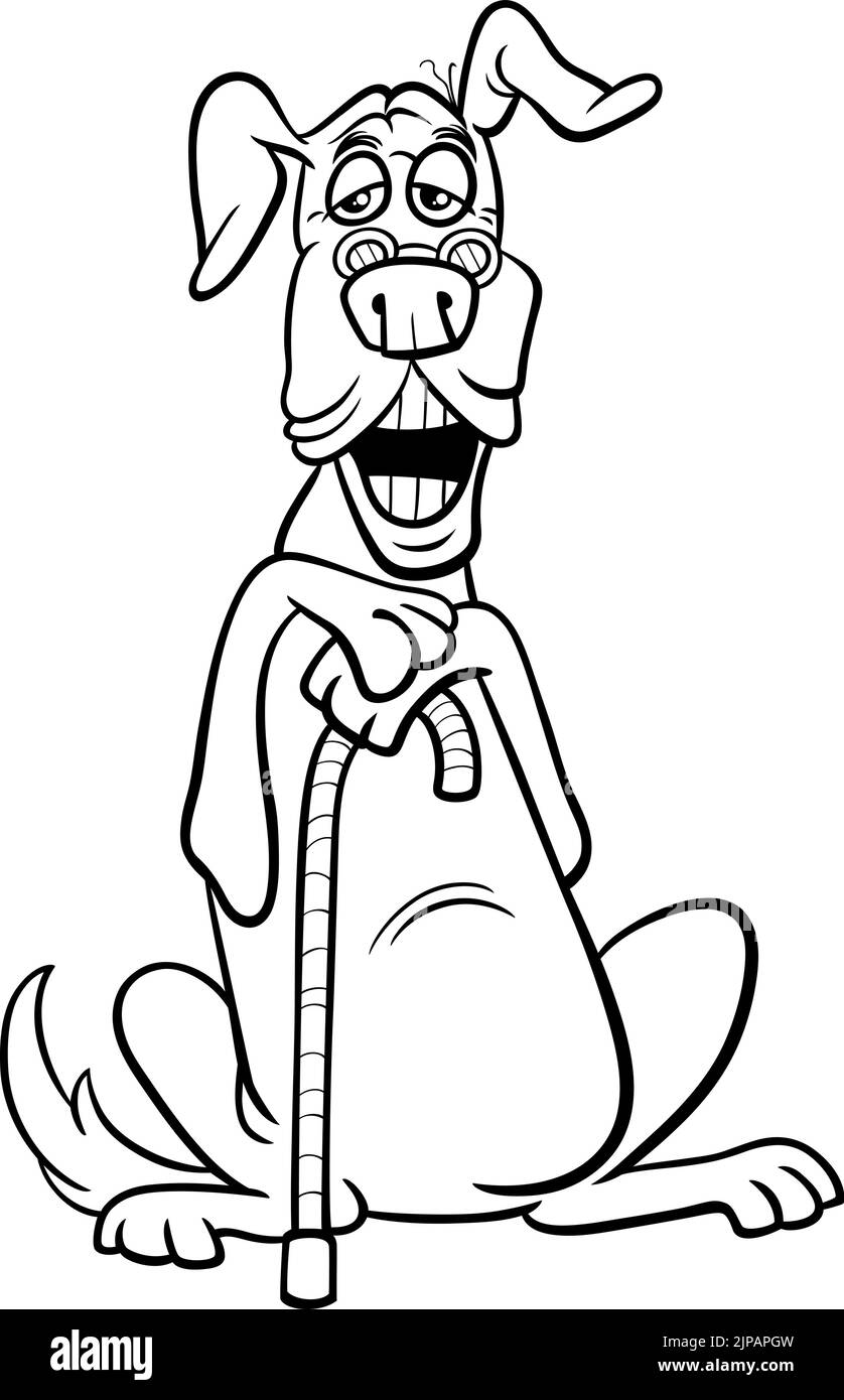 Dessin animé noir et blanc illustration de drôle de personnage d'animal de chien senior avec une page de coloration de canne Illustration de Vecteur