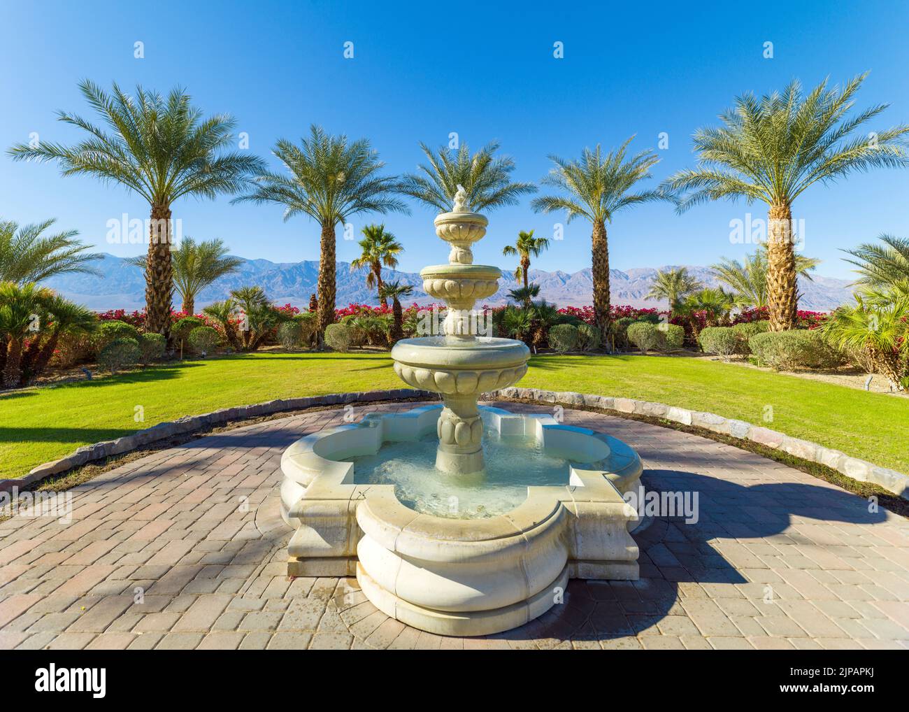 The INN at the Oasis Hotel, Furnace Creek, piscine et palmiers dans le parc national de Desert Death Valley, Californie, Amérique du Nord, Etats-Unis Banque D'Images