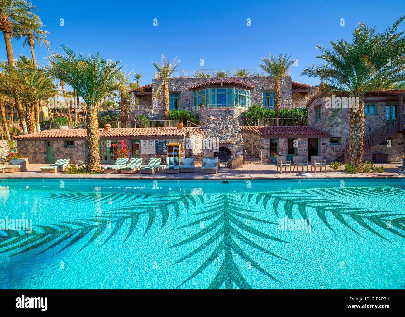 The INN at the Oasis Hotel, Furnace Creek, piscine et palmiers dans le parc national de Desert Death Valley, Californie, Amérique du Nord, Etats-Unis Banque D'Images