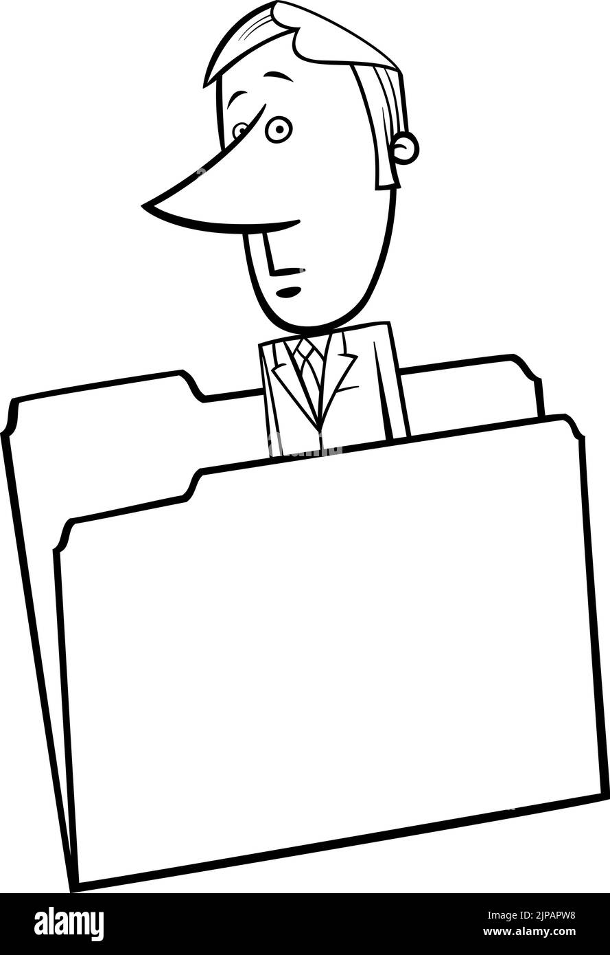 Dessin animé de concept noir et blanc illustration du personnage de bande dessinée d'homme d'affaires papier dans un dossier Illustration de Vecteur
