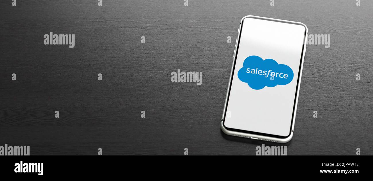 Logo de la force de vente de l'entreprise qui propose des solutions basées sur le cloud pour la gestion de la relation client sur un téléphone mobile sur une table. Copier l'espace. Web b Banque D'Images
