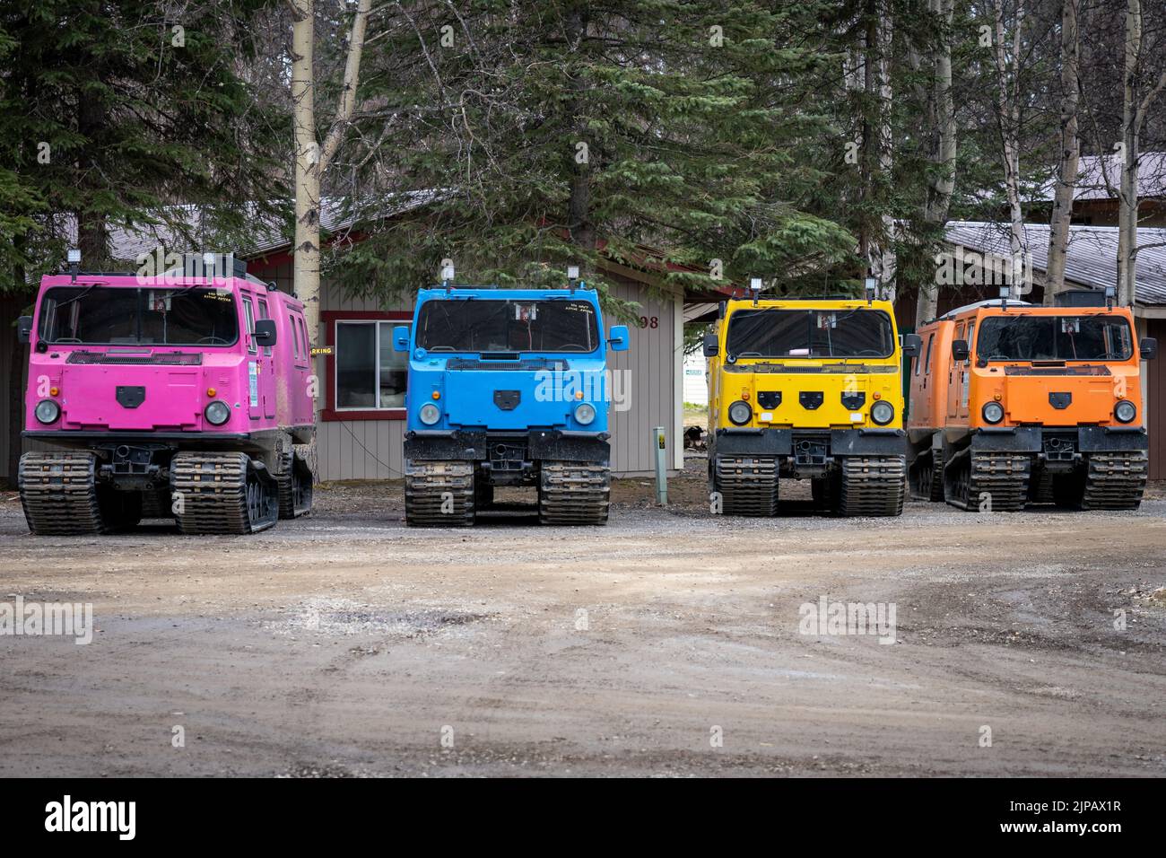 Des chasses à neige colorées sont garées au Chena Hot Springs Resort à Fairbanks, en Alaska, attendant d'accueillir le client pour une visite d'Aurora Banque D'Images