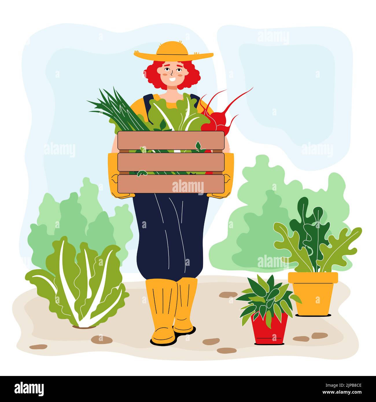 Jeune jardinier souriant portant une boîte de légumes. REDHEAD fille dans un chapeau tenant le chou chinois, l'oignon et la betterave. Bonne femme parmi les plantes en pot Illustration de Vecteur