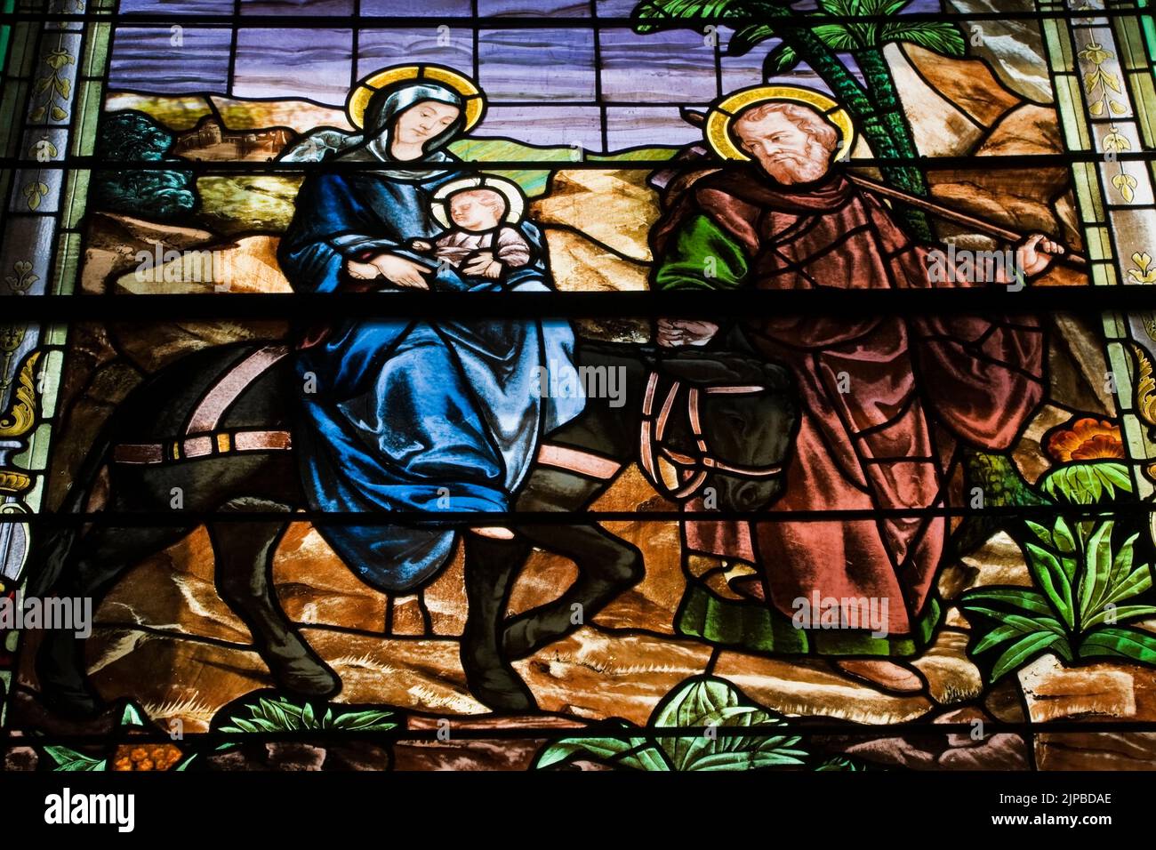 Vitraux colorés avec une scène religieuse, Chapelle notre-Dame-de-Bonsecours, Vieux-Montréal, Québec, Canada. Banque D'Images