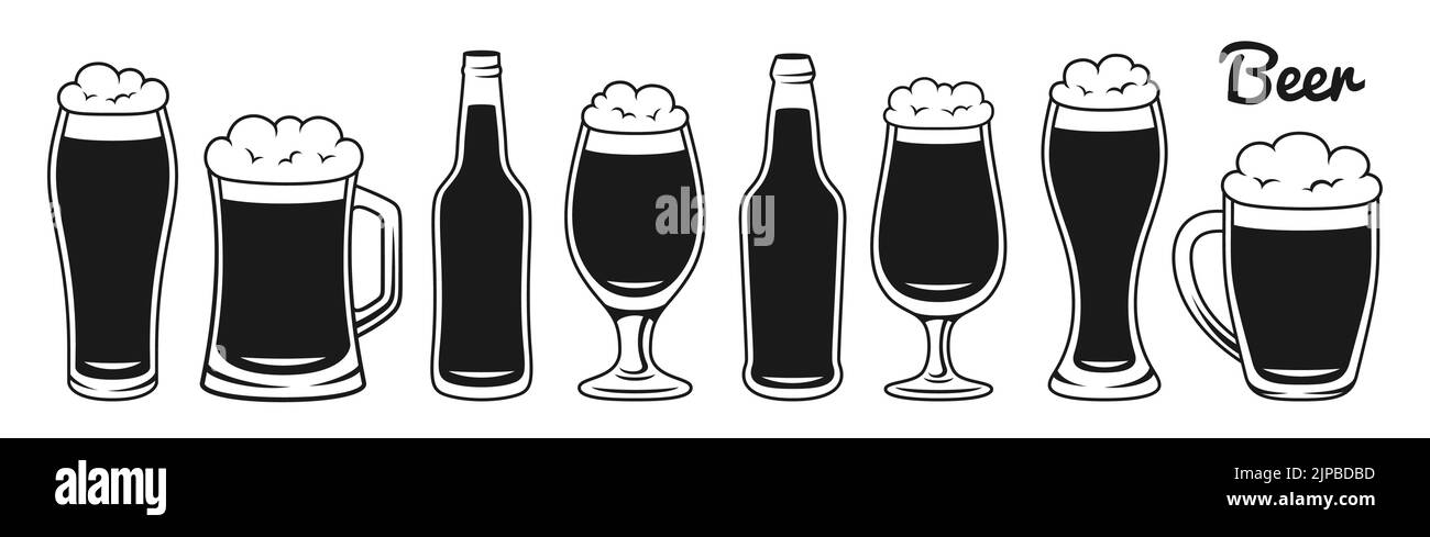 Bouteille de bière ou verre, mugs rétro doodle monochrome ensemble. Brasserie, bar, pub festival Oktoberfest gravure. Différents types alcool bière foncée, blé, ALE, cidre, bière. Affiche de conception, menu, invitation Illustration de Vecteur