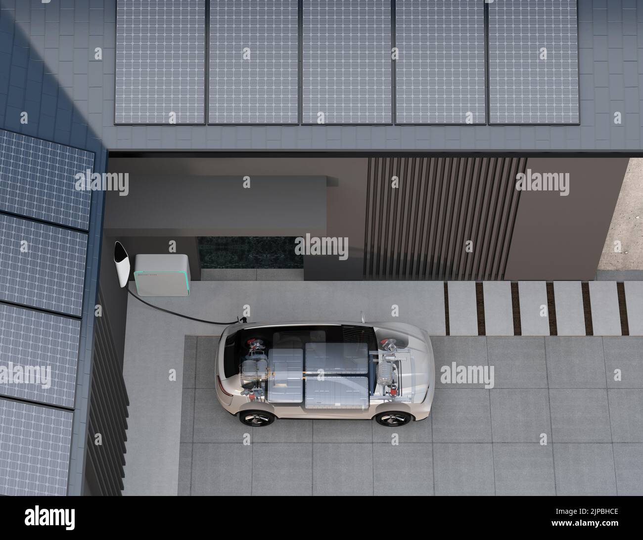 SUV électrique (conception générique) avec blocs-batteries composés en mode transparent. 3D rendu de l'image. Banque D'Images