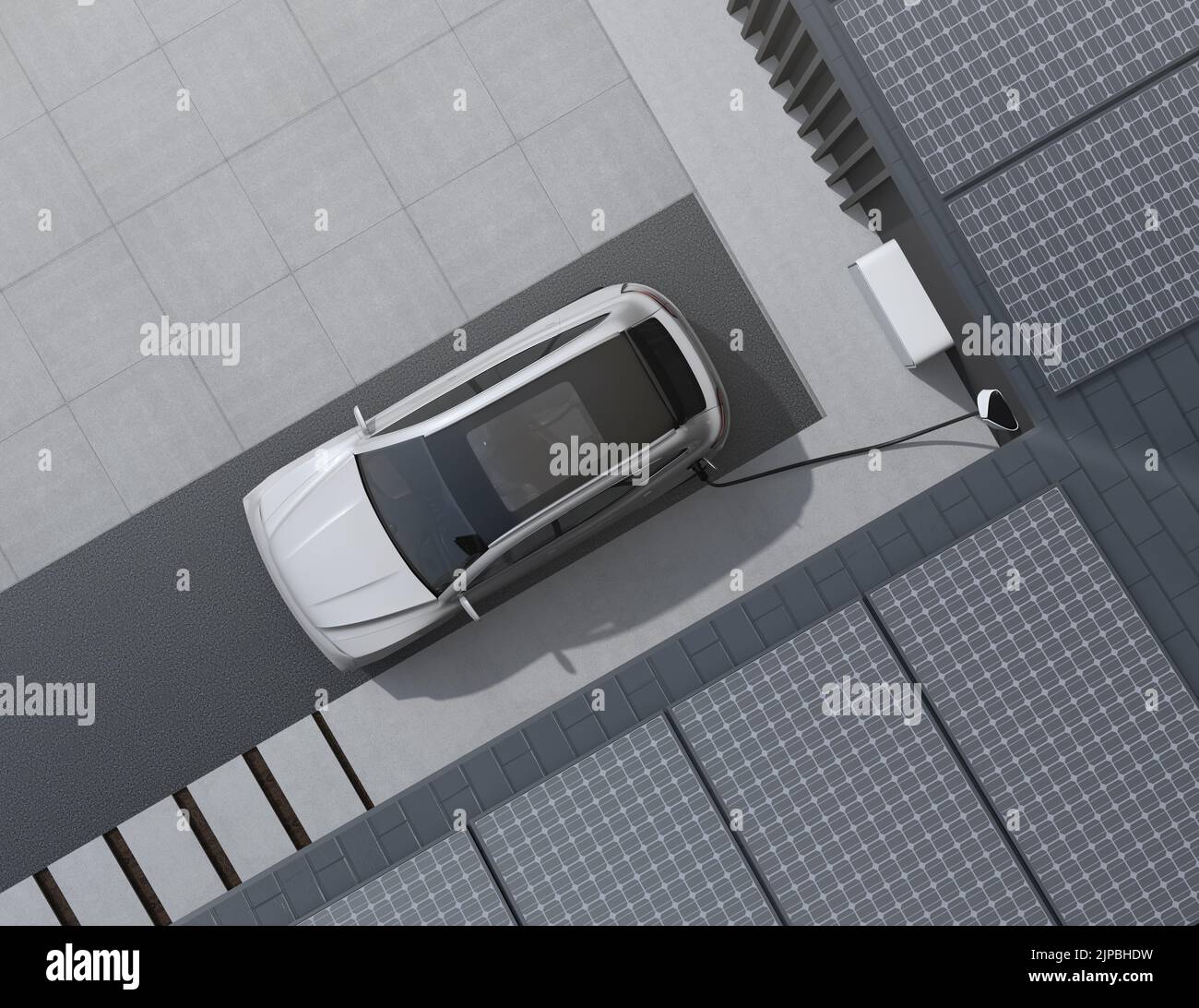 Vue de dessus de SUV électrique blanc (conception générique) charing à la maison garage. Énergie solaire. 3D rendu de l'image. Banque D'Images