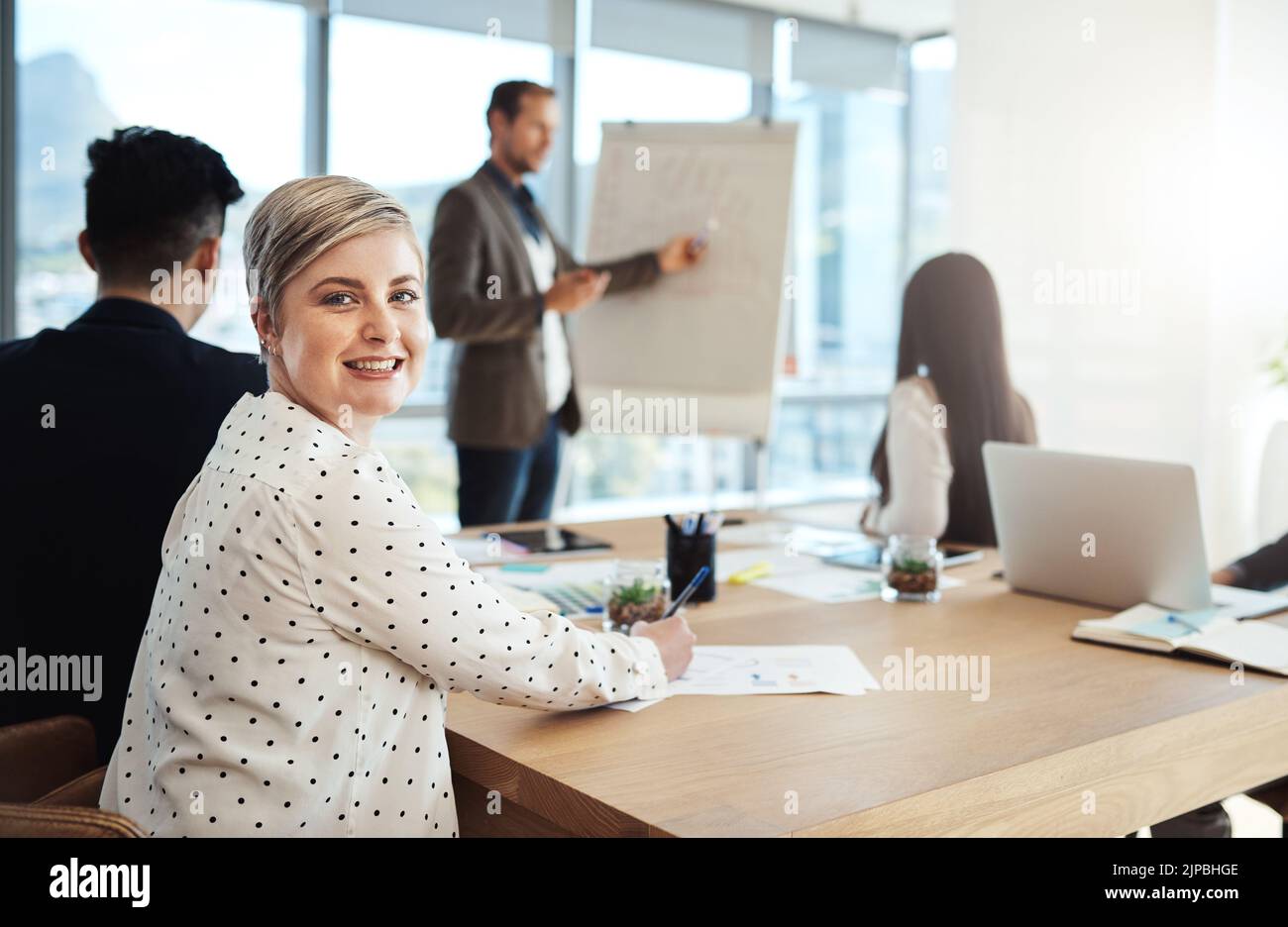 Rester innovant et productif est notre meilleur moyen de battre la courbe. Portrait d'une femme d'affaires attirante lors d'une réunion avec des collègues dans un bureau. Banque D'Images