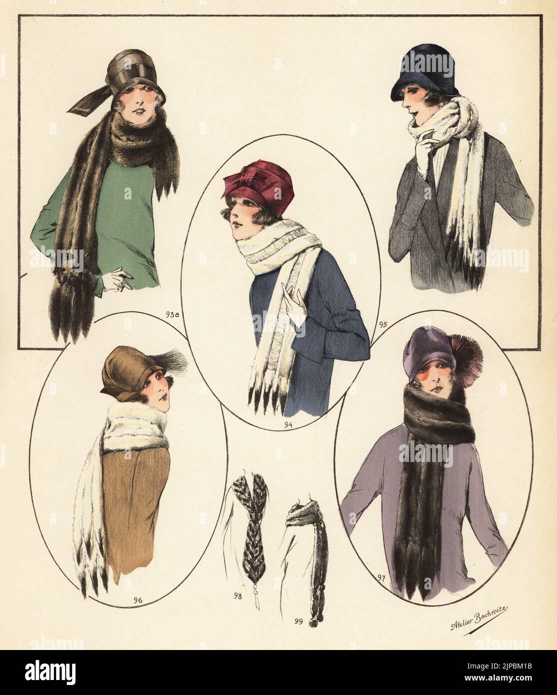 Femmes à la mode en chapeaux de cloche et en foulards de fourrure. Foulard à tête et queue de vison 93a, ermine 94,95,96, vison 97, moleskin 99, et cravate dans le castor et l'ermine 98. Lithographie de couleur main de modèles originaux de Fourrures, modèles originaux en fourrure, n° 17, atelier Bachwitz, Vienne, 1926. Banque D'Images