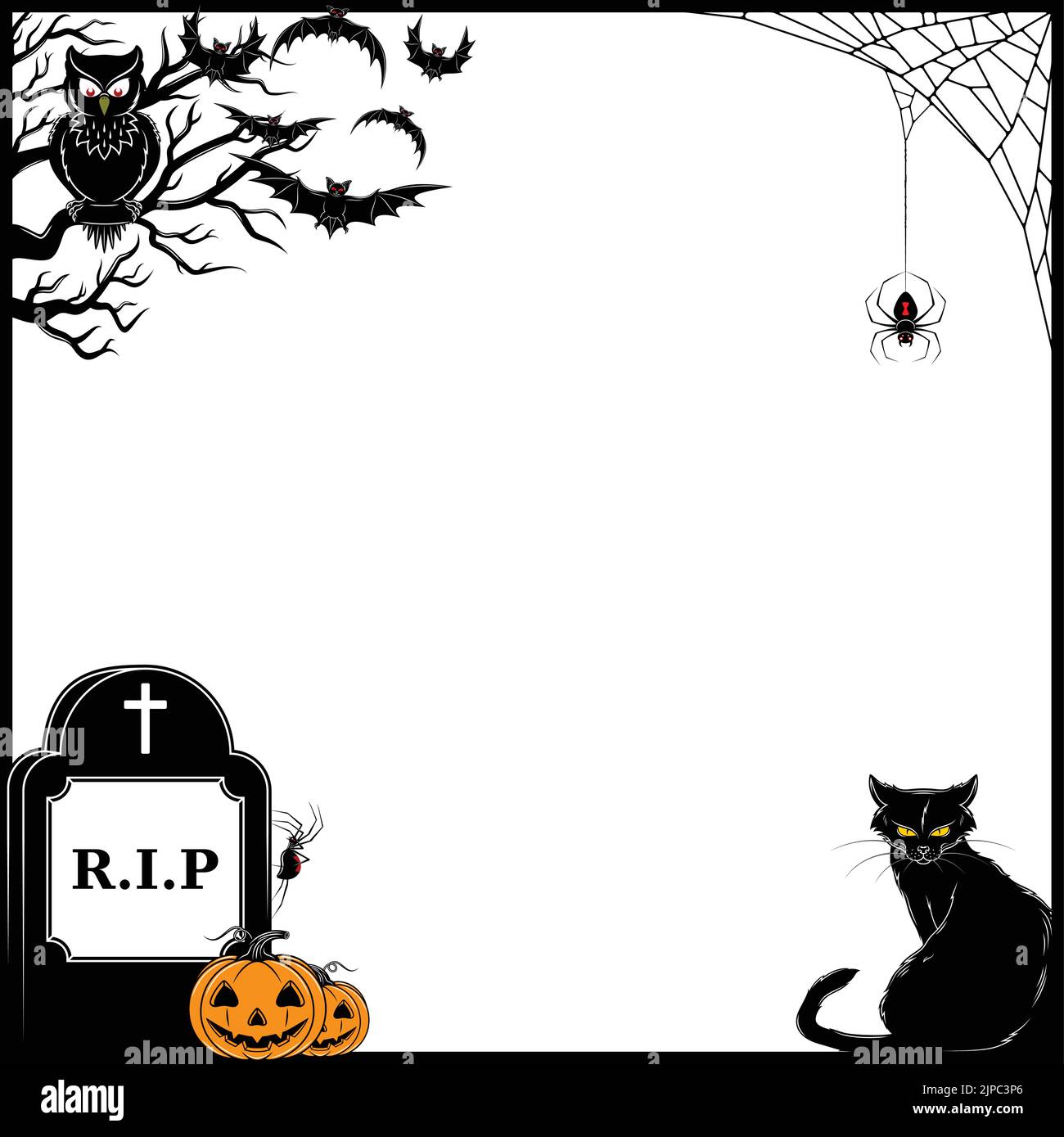 Motif vectoriel de cadre pour avec des éléments caractéristiques de Halloween avec des battes, araignées et crânes Illustration de Vecteur