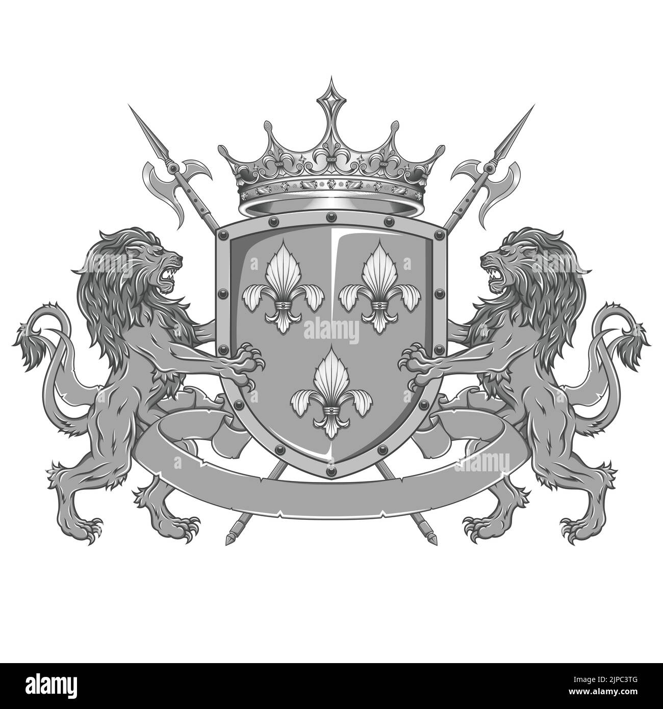 Bouclier héraldique couronné avec trois fleur-de-lys argentés, flanqués de deux lions et halberdes endémiques Illustration de Vecteur